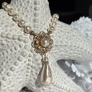 MIRIAM HASKELL BAROQUE FAUX PEARL RHINESTONE DROP NECKLACE